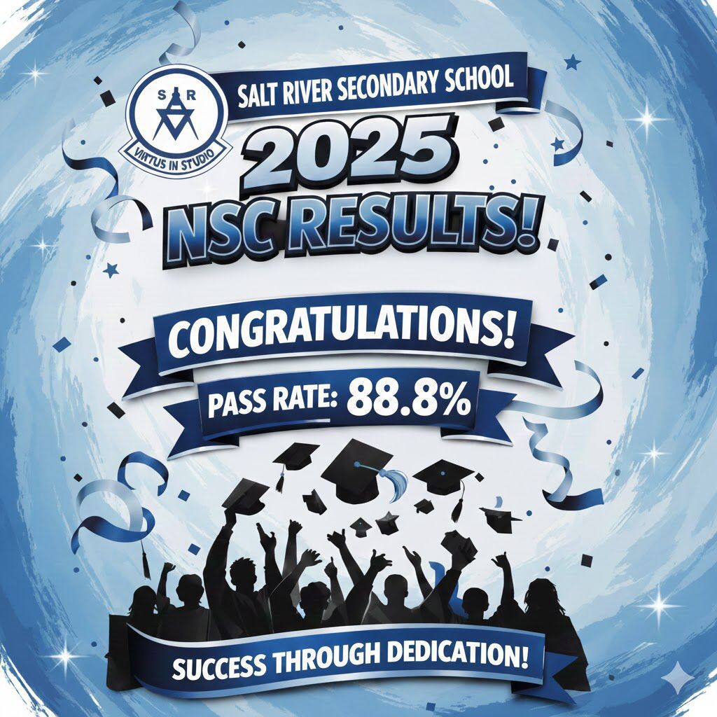 Poster announcing Salt River Secondary School 2025 NSC results with a pass rate of 88.8%.