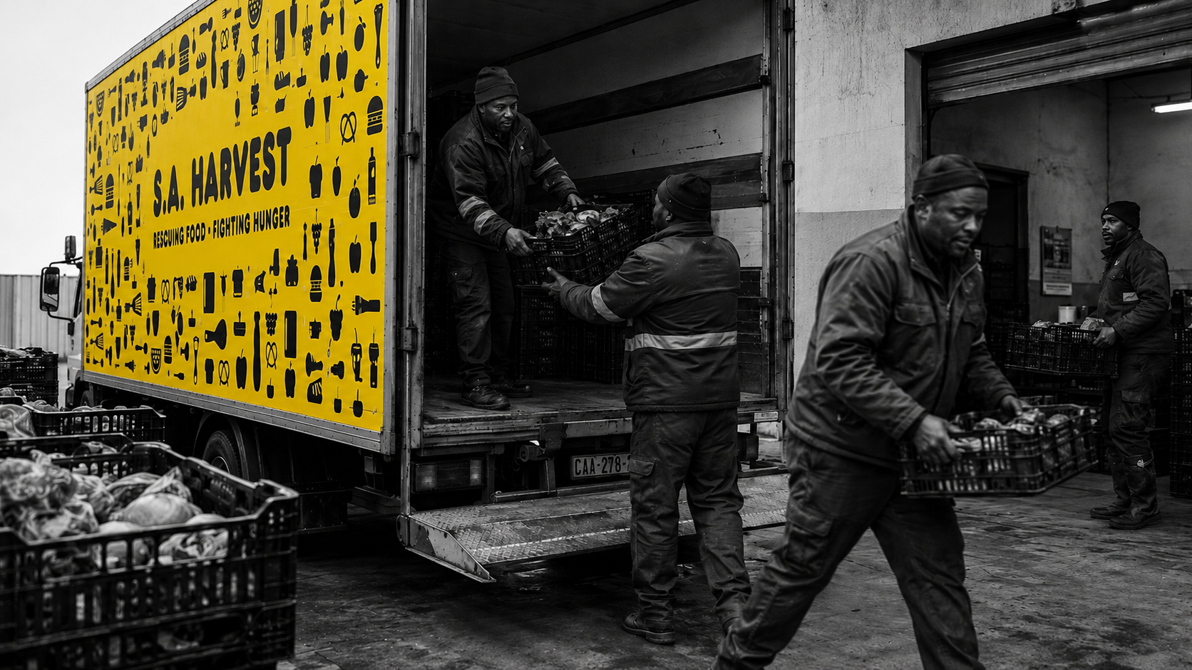 A SA Harvest team member hands a crate of fresh vegetables from a branded yellow SA Harvest truck to a community kitchen partner.