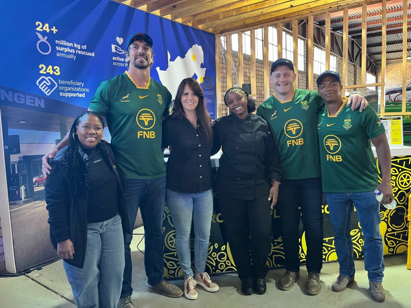 The Springboks visiting the SA Harvest stand at NAMPO 2026, showing their support for our mission of food rescue and building resilience in the food system.