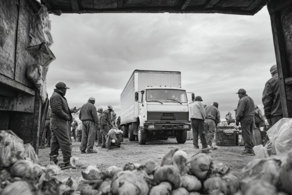Farm workers and a truck moving surplus produce as part of a food rescue and redistribution system.