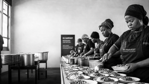 Community kitchen team preparing and plating meals as part of a dignified food access system.