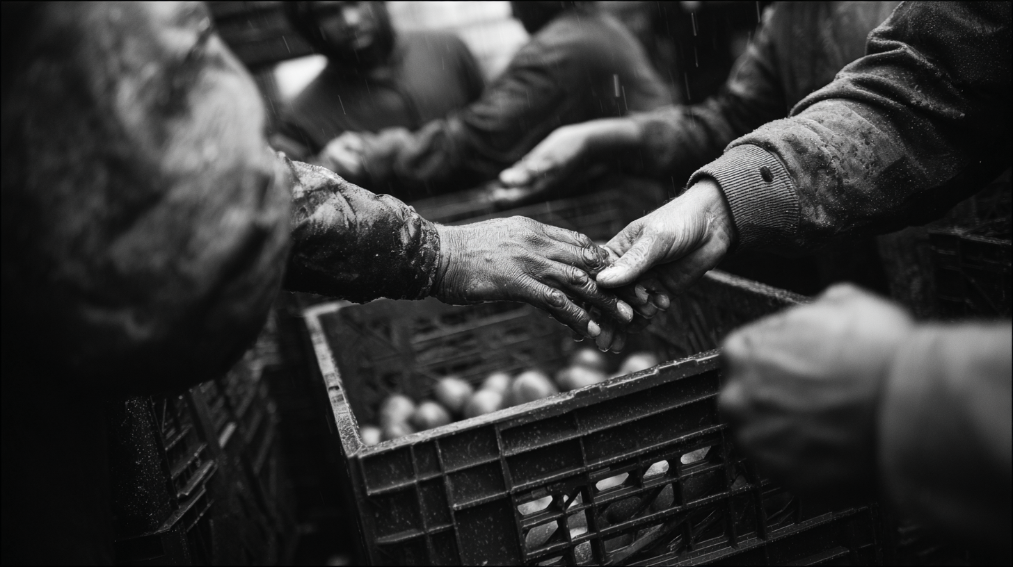 Multiple hands moving fresh produce through crates, showing the human chain behind food rescue.