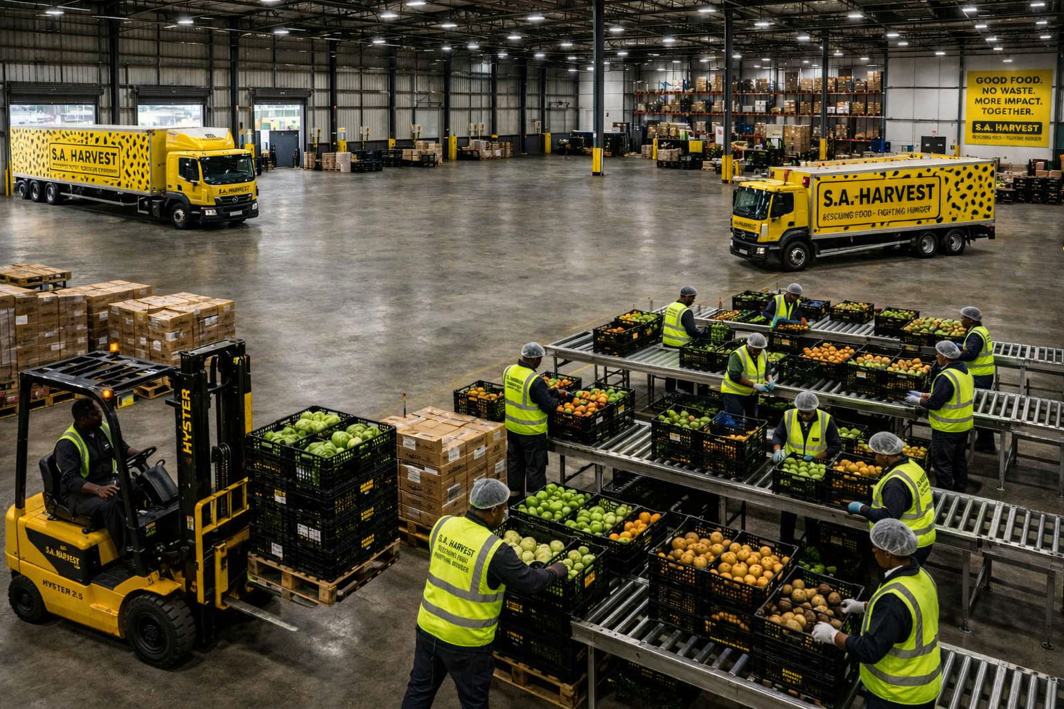 SA Harvest logistics operation showing trucks, warehouse teams and food sorting working together as a national food rescue system.
