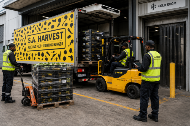 Refrigerated SA Harvest truck being loaded with rescued food at a warehouse distribution hub.