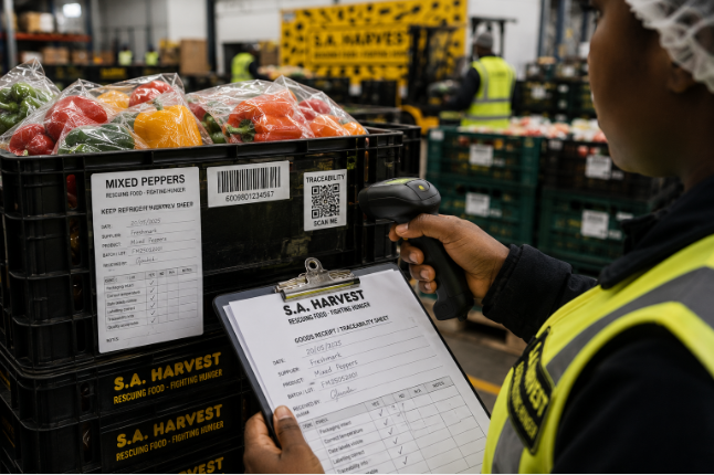 Worker verifying labelled food crates before redistribution through SA Harvest's logistics network.